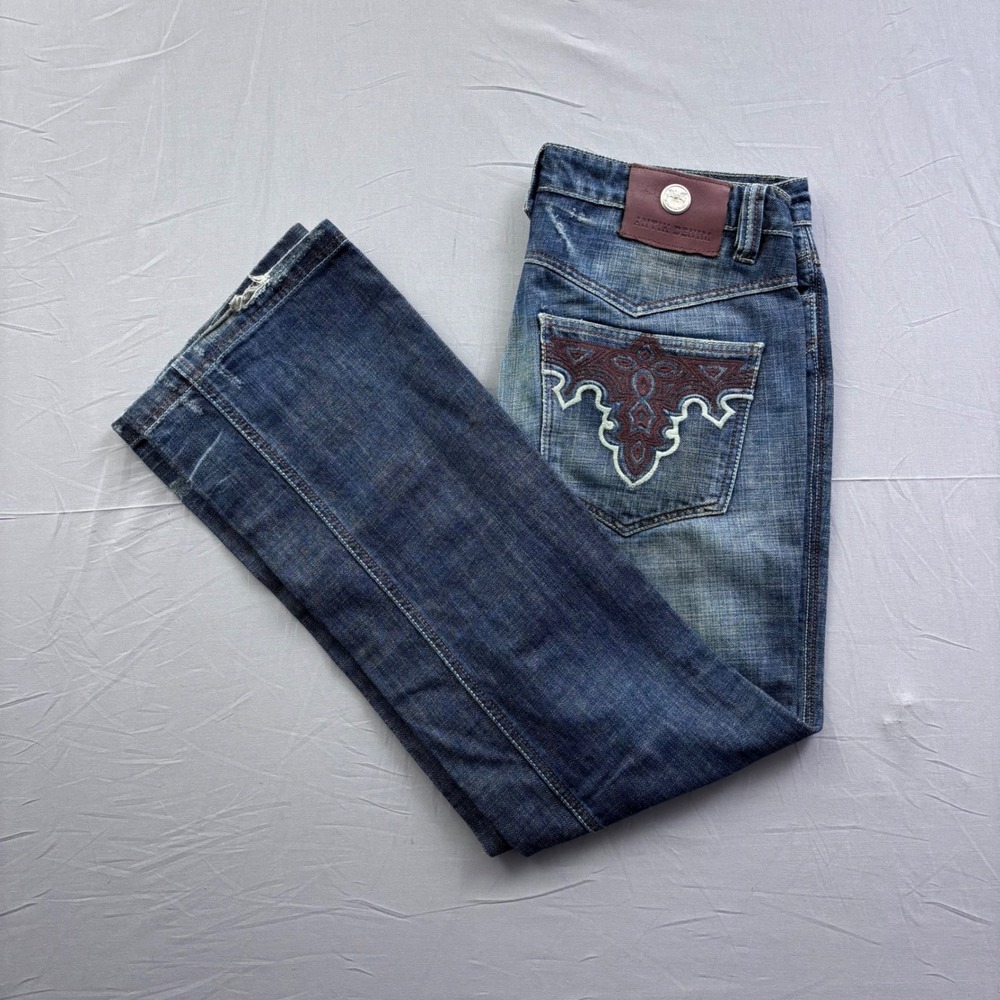 Antik Denim Mens Fits 34 Distressed Straight Leg Jean Western Embroidered Pocket